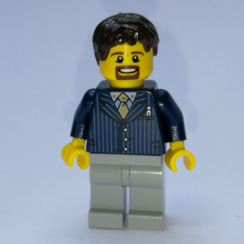 Lego Man, Dark Blue Pinstripe Suit with Gold Tie, Dark Brown Hair