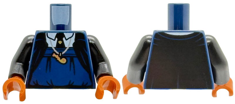 Lego Torso Black Cloak Open over Blouse and White Shirt with Collar, Tie with Gold Pin, Silver Necklace with Small Whistle Pattern / Black Arms / Dark Orange Hands