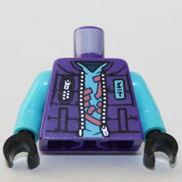 Torso, Vest Jacket, Open over Medium Azure Shirt with Coral Symbols Print, Medium Azure Arms, Black Hands / Dark Purple
