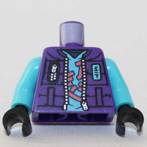 Lego Torso Vest Jacket, Open over Medium Azure Shirt with Coral Symbols print, Medium Azure Arms, Black Hands / Dark Purple