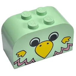 Brick Curved 2 x 4 x 2 Double with Parrot Head, Yellow Beak, Pink Feathers Print / Light Green