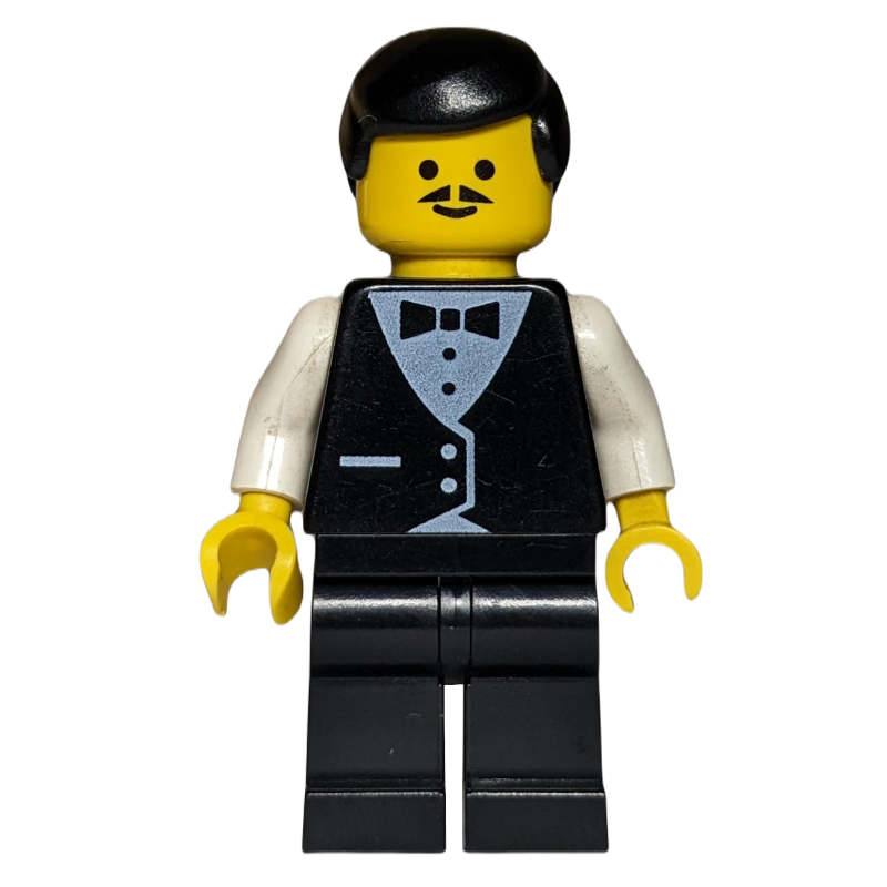 Lego Waiter, Man, Black Suit and Bow Tie, Black Hair, Moustache