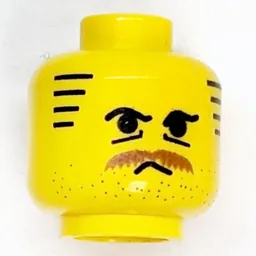 Minifig Head Gabarros, Moustache Brown Bushy, Stubble, Under-Eyes Wrinkles, Stripe Sideburns Print / Yellow