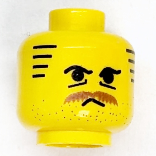 Lego Minifig Head Gabarros, Moustache Brown Bushy, Stubble, Under-Eyes Wrinkles, Stripe Sideburns Print / Yellow