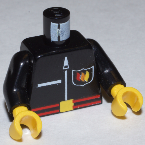 Lego Torso Jacket with Fire Flame Badge, Red Belt, and Zipper Print, Black Arms, Yellow Hands / Black