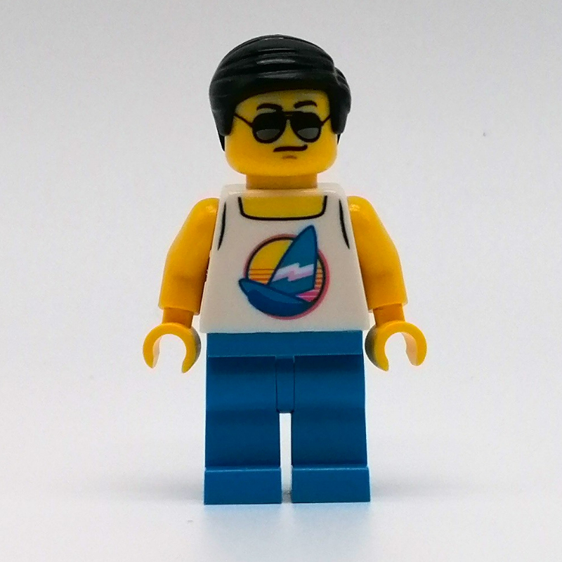 Lego Man, White Tank Top with Windsurfer, Dark Azure Legs, Sunglasses