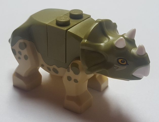 Lego Dinosaur Triceratops Baby with Olive Green Top with White Horns and Beak Pattern with Brick and Plate