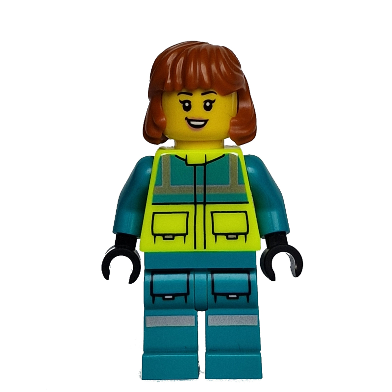 Lego Paramedic, Vibrant Yellow Safety Vest, Dark Turquoise Legs, Dark Orange Hair