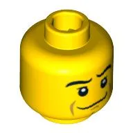 Minifig Head, Crooked Smile, Eyebrows, White Pupils, Chin Dimple Print [Blocked Open Stud] / Yellow