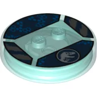 Function Brick Round 4 x 4 x 2/3 with 2 Studs and Jurassic World Symbol and Blue Hexagons Print / Trans-Light Blue