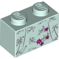 Lego Brick 1 x 2 with Dress, Grey Decorations and Magenta Flowers print / Light Aqua