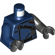 Lego Torso, Odd Arms, Jacket, Black Straps, Zippers Print, Left Black Arm with Gold Circuitry print, Right Dark Blue Arm, Black Hands / Dark Blue