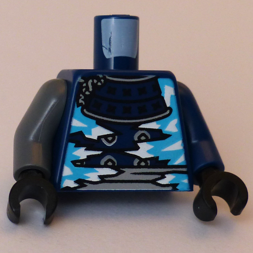 Lego Torso, Odd Arms, Samurai Armor, Silver Trim, White/Azure Icicles print, Left Dark Blue Arm, Right Dark Bluish Gray Arm, Black Hands / Dark Blue