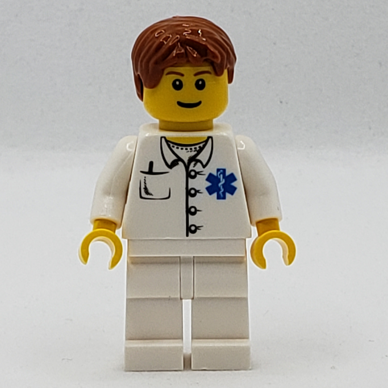 Lego Doctor, White Shirt with Star of Life Logo, Dark Orange Hair, Reddish Brown Eyebrows