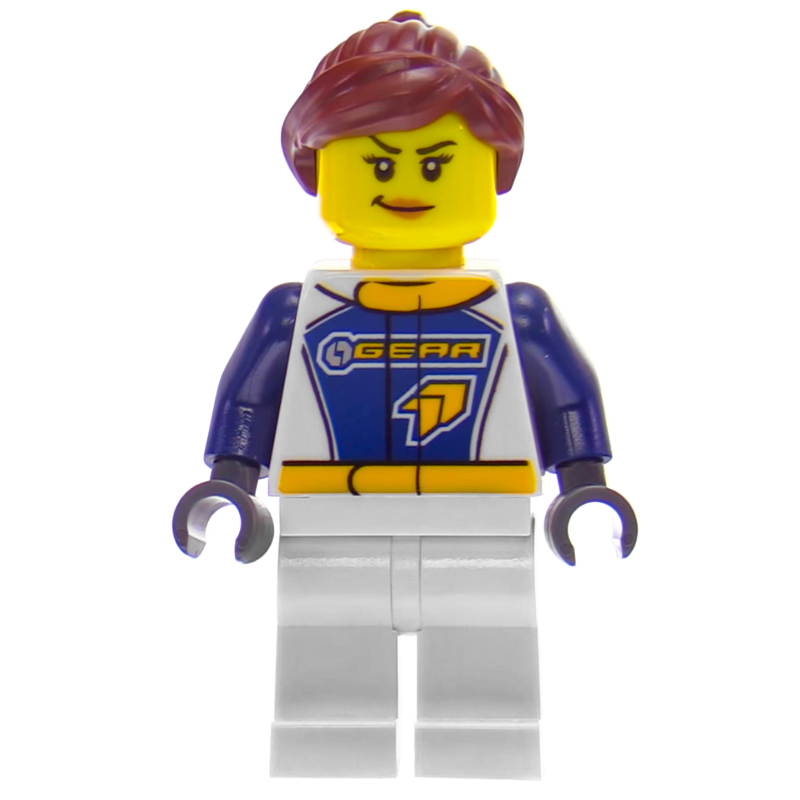 Lego Racer, Woman, Dark Blue and White Jumpsuit with 'GEAR', Reddish Brown Hair