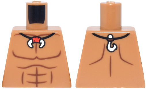 Lego Torso Bare Chest with Reddish Brown Muscles Outline, Black String Necklace with White Tusk and Fish Hook Pattern