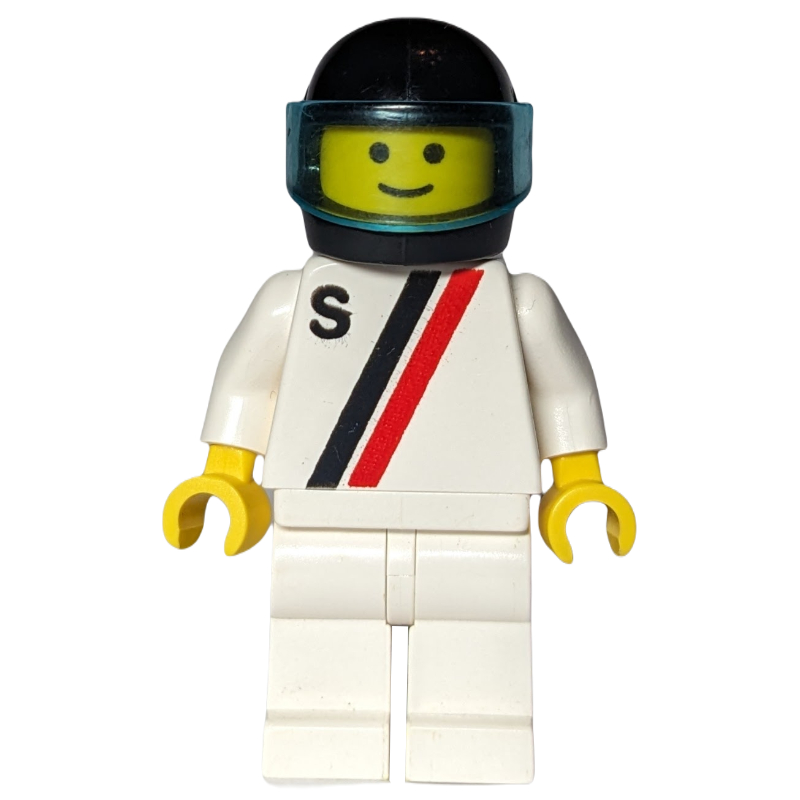 Lego Racer, White Shirt with Two Stripes and 'S', White Legs, Black Helmet with Visor (3626b Head)