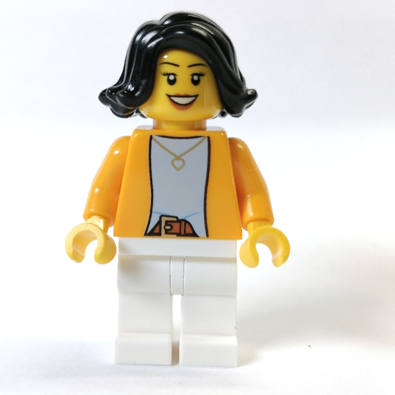 Lego Orange Torso, White Legs, Black Long Hair