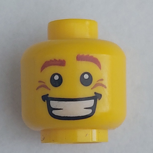 Lego Minifig Head, Brown Eyebrows, White Pupils, Smile Wrinkles and Wide Open Smile Print / Yellow