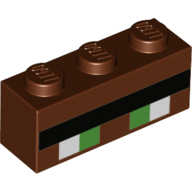 Lego Brick 1 x 3 with Black Line and White and Green Squares (Eyes) Print / Reddish Brown