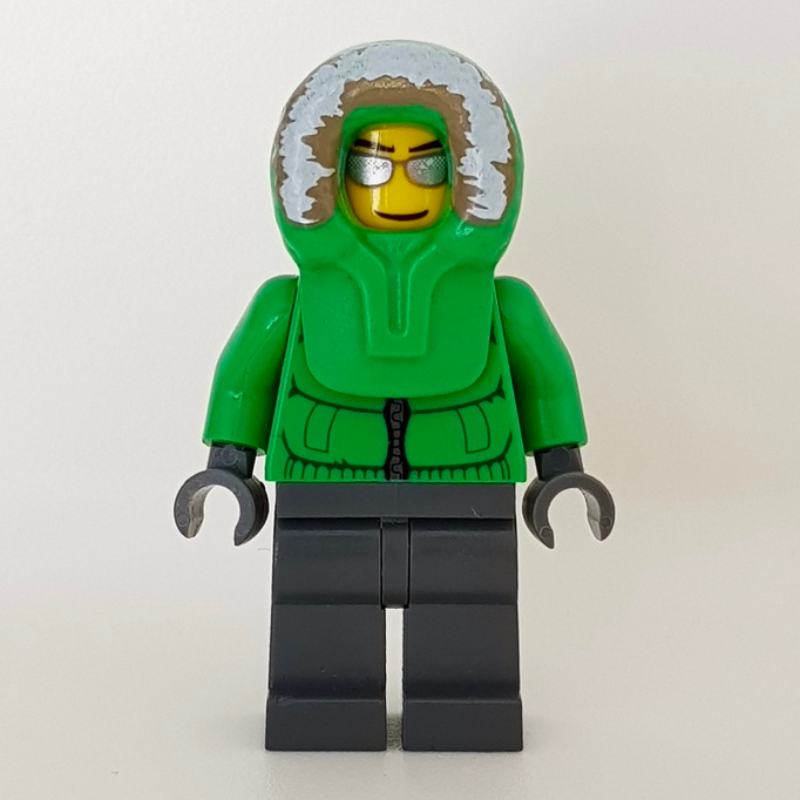 Lego Man, Green Jacket, Dark Bluish Gray Legs, Hood, Silver Sunglasses