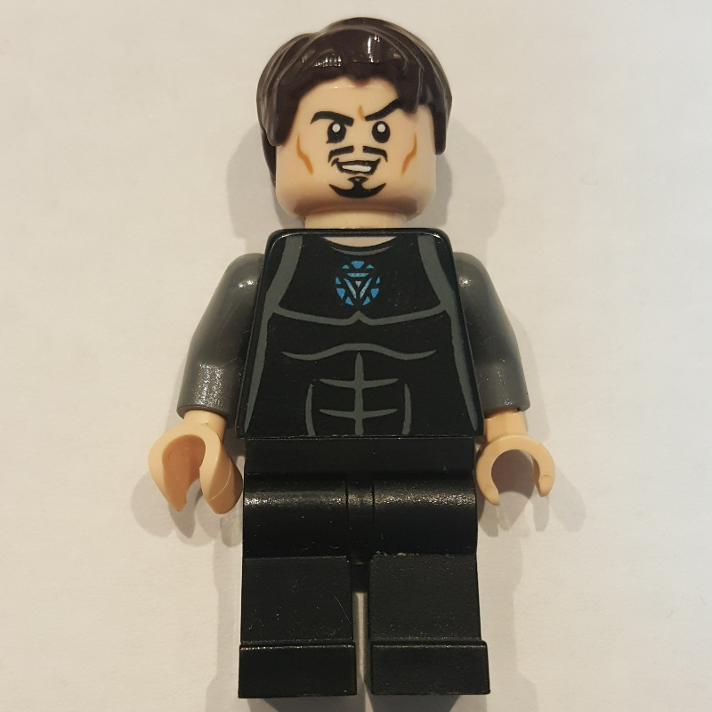 Lego Tony Stark in Black Shirt with Chest Arc Reactor