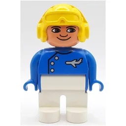 Duplo Figure, Early, Aviator Hat Yellow, White Legs, Buttons, Airplane, Turned Down Nose Paint / Blue