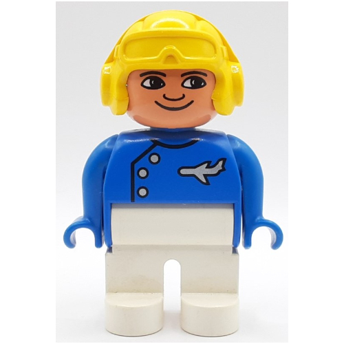 Lego Duplo Figure, Early, Aviator Hat Yellow, White Legs, Buttons, Airplane, Turned Down Nose Paint / Blue