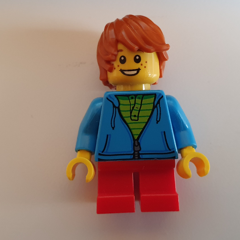 Lego Boy, Open Dark Azure Hoodie with Zipper, Short Red Legs, Dark Orange Hair
