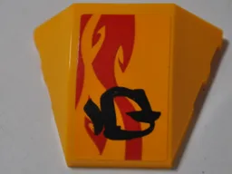 Wedge 4 x 3 Triple Curved No Studs with Red Flame and Black Asian Character on Bright Light Orange Background Pattern Model Left Side (Sticker) - Set 70638