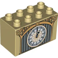 Duplo Brick 2 x 4 x 2 with Clock with Roman Numerals Print (Big Ben) / Tan