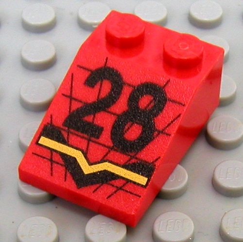 Lego Brick Sloped 33° 3 x 2 with Black '28' and Black/Yellow Stripes Print / Red