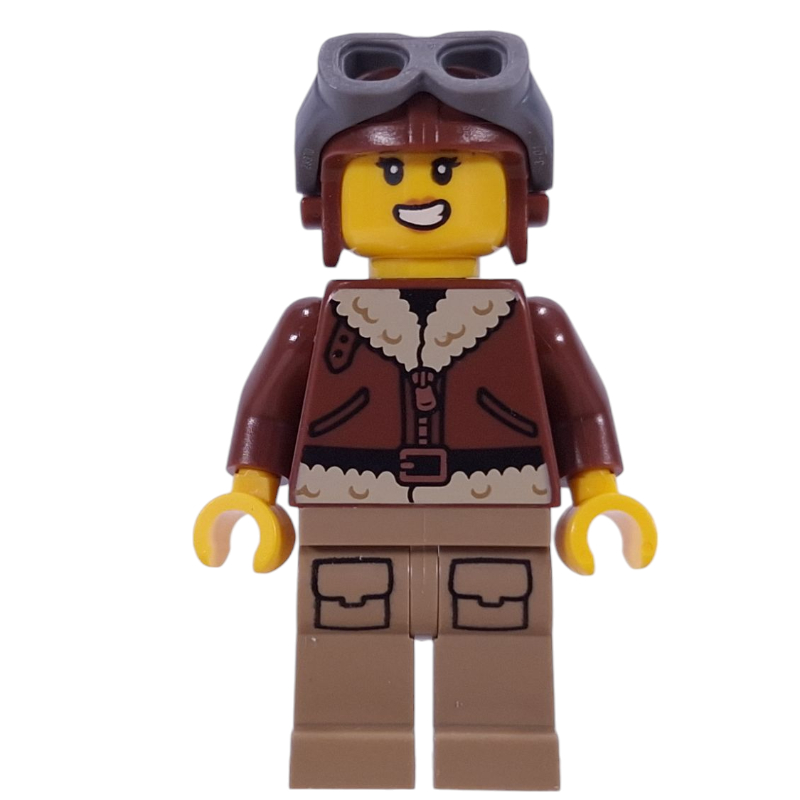 Lego Pilot, Dark Brown Jacket, Dark Tan Legs, Aviator Helmet