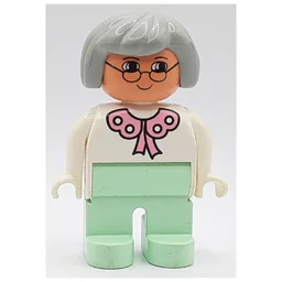 Duplo Figure, Early, Hair Bob Light Gray, Light Green Legs, Pink Lace Collar, Glasses Print / White