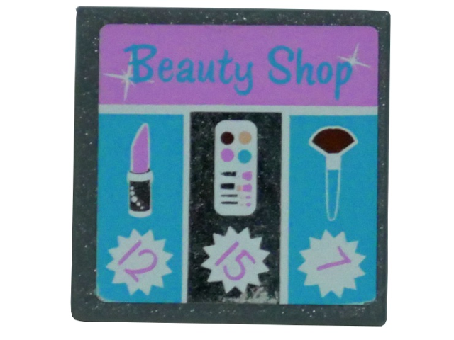 Lego Road Sign 2 x 2 Square with Clip with 'Beauty Shop', Lipstick, Paintbox, Brush, 7, 15 and 12 Pattern (Sticker) - Set 3187