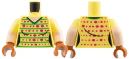 Torso Female V-Neck Sweater with Magenta Spots and Bright Green Lines, Light Nougat Neck Pattern / Light Nougat Arms with Bright Light Yellow Short Sleeves Pattern / Dark Orange Hands / Bright Light Yellow