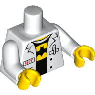 Lego Torso Open Lab Coat, Red 'GIT' Badge and Pocket with Pen, over Black Shirt with Batman Symbol in Yellow Oval Print, White Arms, Yellow Hands / White