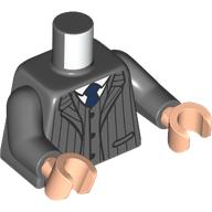 Lego Torso Suit Jacket, Vertical Black Stripes, Dark Blue Tie, White Shirt print, Dark Bluish Gray Arms, Light Nougat Hands / Dark Bluish Gray