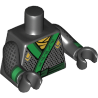 Lego Torso Robe with Gray Diamond Lines and Dark Green Sash Belt Print, Black Arms and Hands with Gray Diamond Lines and Green Cuffs Print / Black