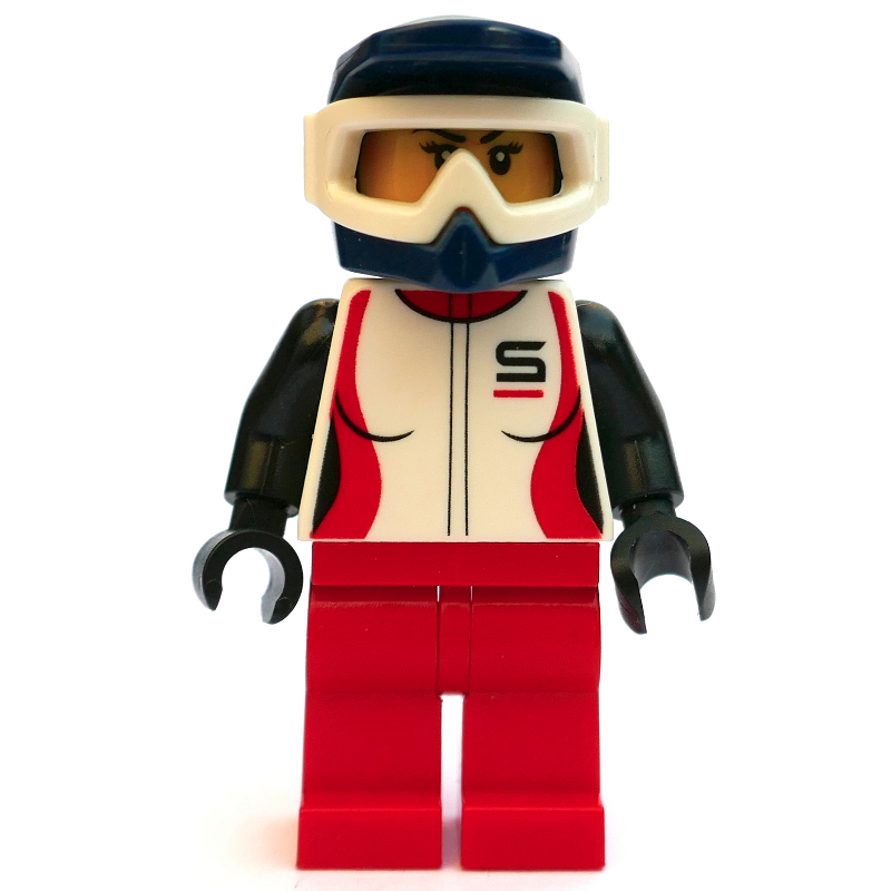 Lego Racer, Woman, White, Black and Red Jacket, Red Legs, Dark Blue Dirt Bike Helmet with Goggles, Dirt Stains