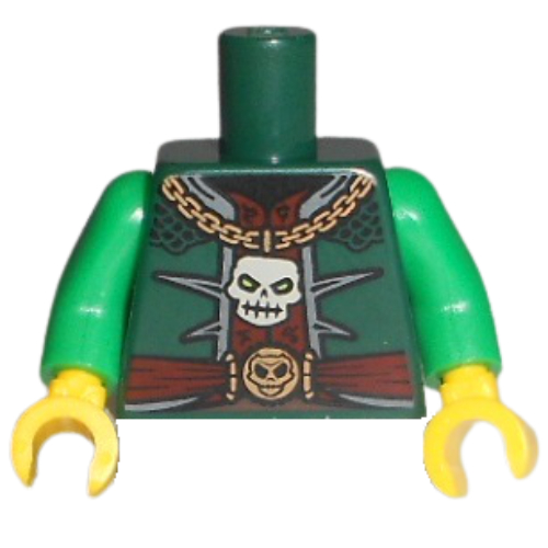 Lego Torso Jacket, Dark Red Shirt, Gold Chain with Skull, Belt with Buckle Print, Green Arms, Yellow Hands / Dark Green