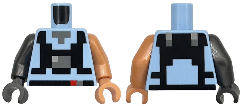 Lego Torso Pixelated Dark Bluish Gray Neck, Black Straps and Belt with Red and Dark Bluish Gray Squares Pattern / Nougat Arm Left / Pearl Dark Gray Arm Right / Nougat Hand Left / Pearl Dark Gray Hand Right