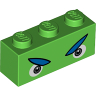 Lego Brick 1 x 3 with Gray Eyes with Angry Blue Eyebrows Print / Bright Green