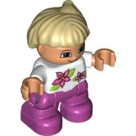 Duplo Figure Child with Side Ponytail, with Magenta Legs, White Top with Two Flowers, White Arms, Tan Hair with Side Ponytail / White