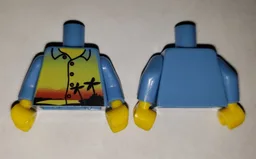 Torso Shirt with Sunset and Palm Trees, Red Buttons without Back Print Pattern (BAM) / Medium Blue Arms / Yellow Hands