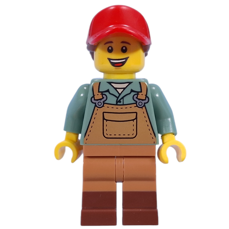 Lego Gardener, Sand Blue Torso, Medium Nougat Apron, Red Cap