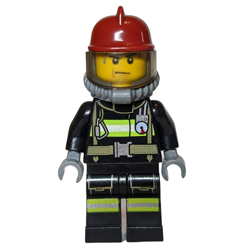 Lego Fireman, Black Fire Suit with Gauge and Straps, Dark Red Helmet, Breathing Apparatus, Airtanks, Sweat Drops
