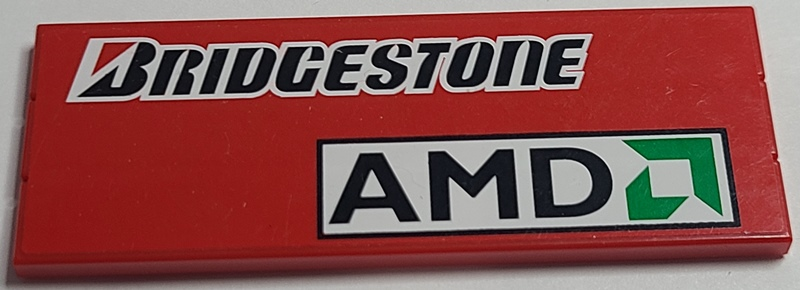 Lego Stickered Assembly 8 x 3 with 'Bridgestone' and 'AMD' Logo on Red Background Pattern Model Left Side (Sticker) - Set 8157