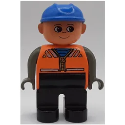 Duplo Figure, Early, Hard Hat Blue, Black Legs, Dark Gray Arms, Vest with Zipper Print / Orange