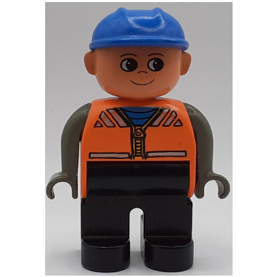 Lego Duplo Figure, Early, Hard Hat Blue, Black Legs, Dark Gray Arms, Vest with Zipper Print / Orange